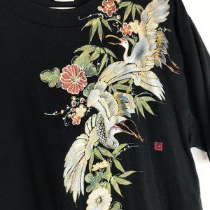 Printstan Asian Cranes Artwork Black T-Shirt Large
